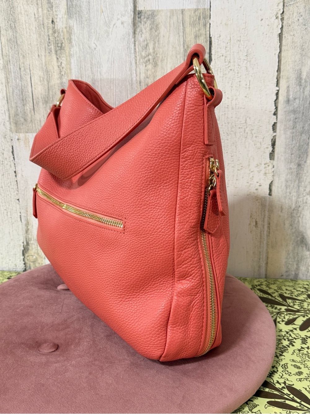 Laggo Coral Leather Hobo Shoulder Bag with Gold Accents - Picture 3 of 16